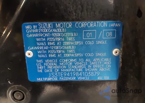 2008 Suzuki Grand Vitara Appearance/Appearance + from USA, damaged, VIN JS3TE941984103879